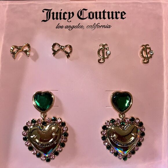 Juicy Couture Jewelry - Juicy Couture Gold Plated Bows JC & Green Jeweled Drop Earring Jewelry Gift Set